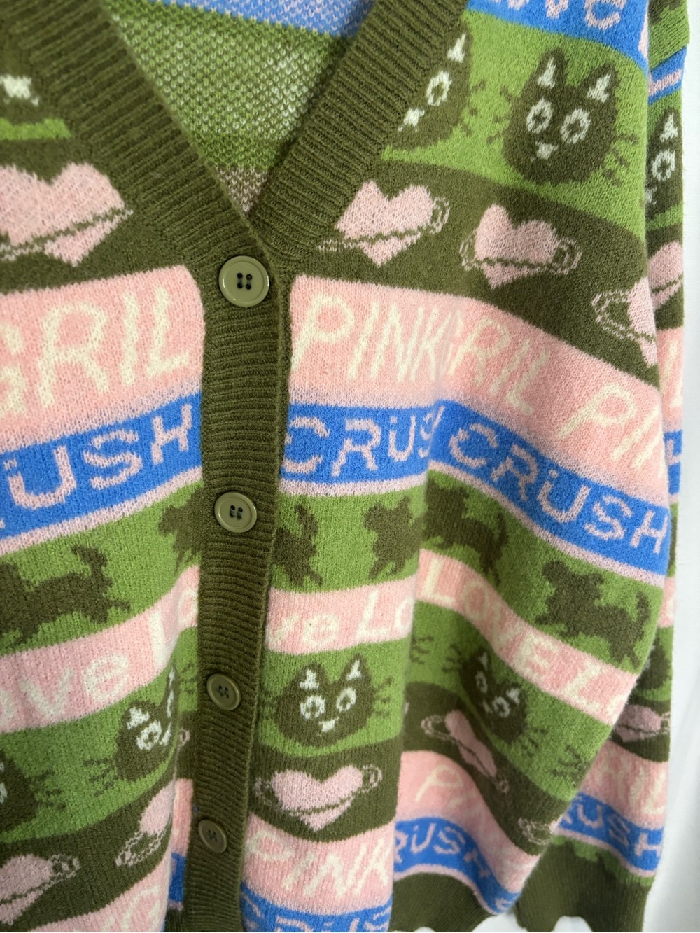 Cider Green Pink & Blue Cat Pinkgril Love Crush Long Sleeve V-Neck Cardigan - Picture 4 of 4